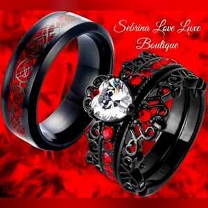 Beautiful Gothic Romance 3pc Red & Black Wedding Ring Set & Men's Wedding Band